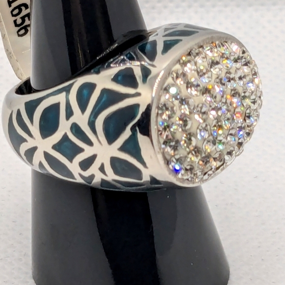 New Stainless Steel Ring, White Austrian Crystal with Teal Enamel Ring Size 9 - Picture 6 of 7